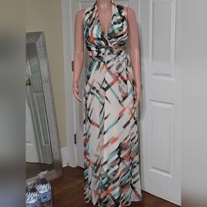 Vince Camuto Halter Wrap Maxi Dress in Cream with Teal & Coral Plaid